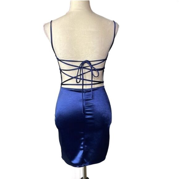 Windsor Elegant Blue Satin Mini Bodycon Dress w/Lace Up Corset Back (Size: S) - Picture 4 of 15